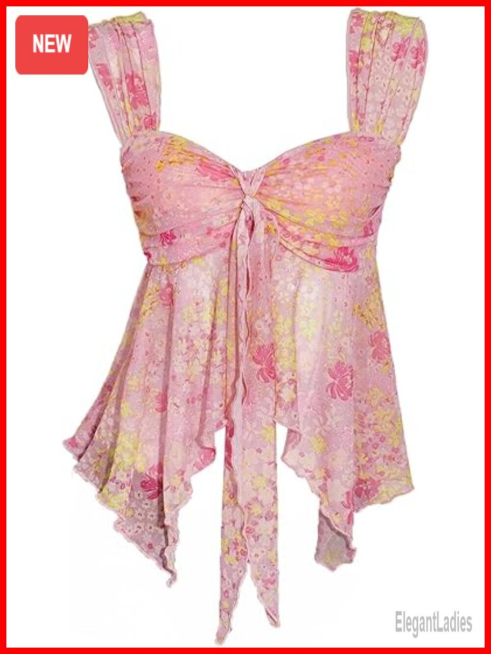 Floral Mesh Tie Front Sweetheart Neck Sleeveless Peplum Tank Top